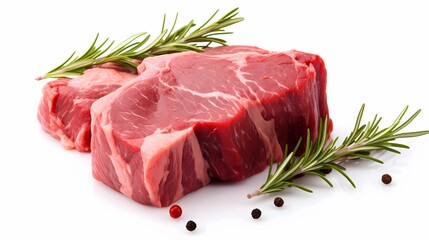 Raw steak with rosemary and peppercorns on a clean background.
