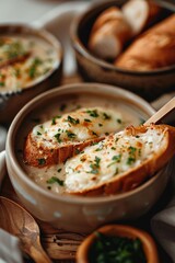 Delicious bowl of creamy soup topped with toasted bread slices and garnished with herbs