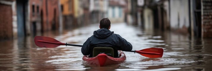 A person in a red kayak navigates through a flooded urban street, capturing themes of resilience and adaptability amidst natural challenges.