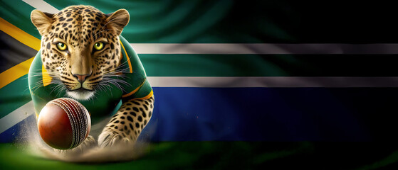 South African Leopard playing cricket, flag background
