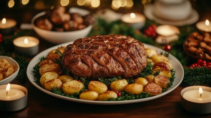 Roasted Meat Dinner with Potatoes and Candles