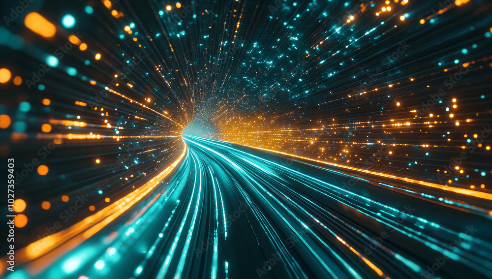 Poster a digital tunnel with glowing lights and flowing data, a futuristic background for technology or int