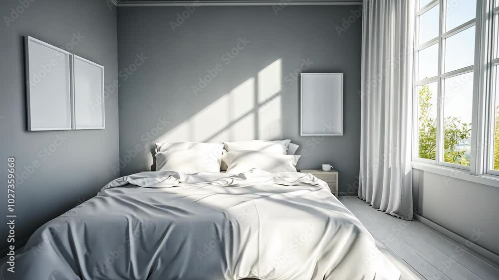 Poster sunlight streams through a window in a modern bedroom, illuminating the crisp white bedding and crea
