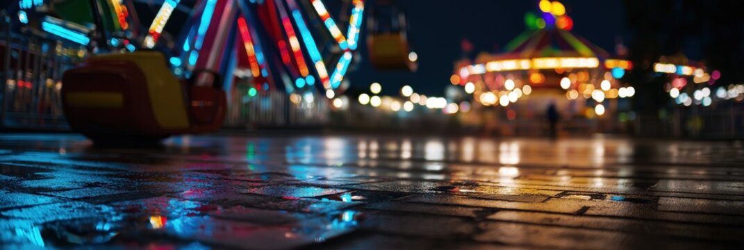 A vibrant amusement park at night displays colorful lights reflecting on the wet ground, capturing the excitement and joy of childhood and fun. - Powered by Adobe