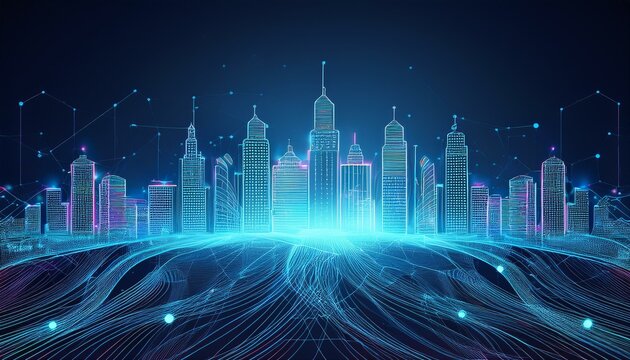 Illustration von Datenfluss in einer Smart City. Stadt der Zukunft.