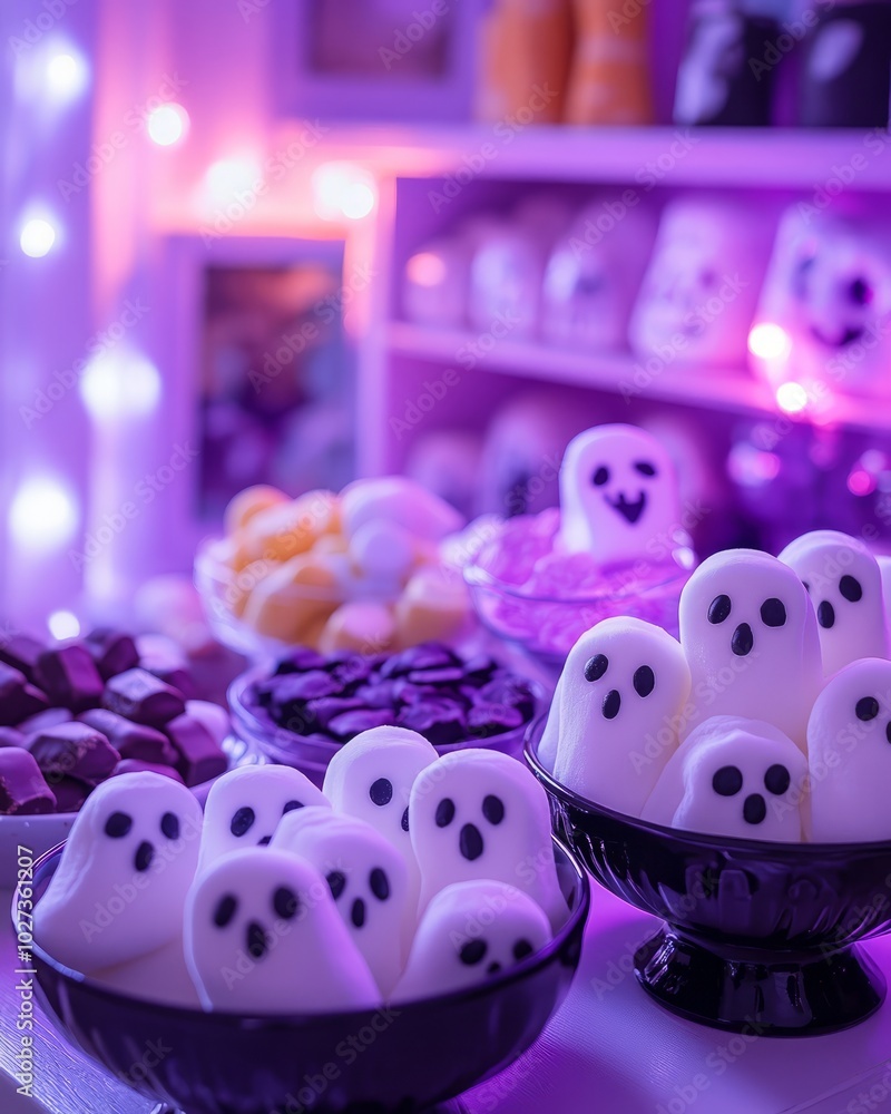 Poster White ghost-shaped marshmallows in black bowls on a table with candy and decorations in the background.