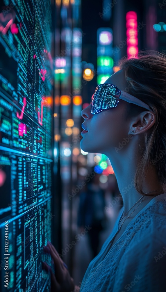 Poster Woman in futuristic eyewear looking at a glowing digital screen in a neon-lit city.