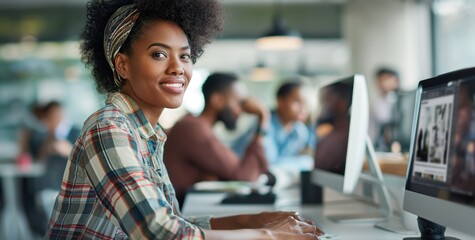 Young Woman Using Computer in Modern Office