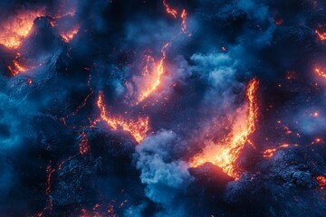 Fototapeta premium Lava flows illuminate the rocky surface while thick smoke billows upward in a captivating display of volcanic activity
