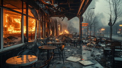 cafe destroyed by fire on urban street 