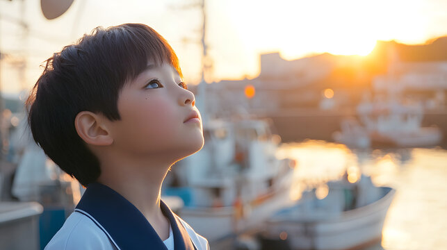 A boy gazing at tあhe sea near a ship