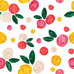 Seamless pattern of buds of yellow, pink, white, red roses and green leaves on a white background. Watercolor illustration done by hand in Art Nouveau style. Drawing for textiles, paper, cards. Plants