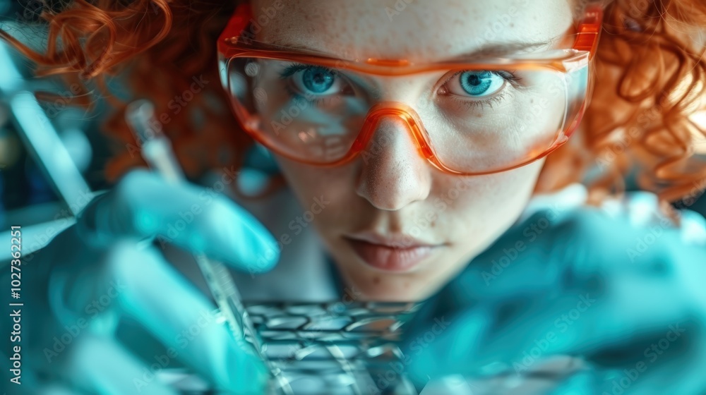 Aufkleber focused scientist conducts experiment with pipette in laboratory setting during daytime