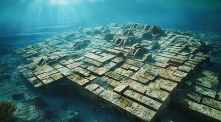 Underwater ruins of a mysterious ancient structure are illuminated by sunlight, showcasing unique stone formations and patterns