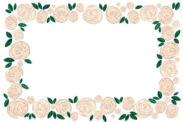 Rectangular frame of white roses and green leaves. Hand drawn watercolor illustration with Art Nouveau style. Drawing for cards, wedding invitations. Plants, roses, flowers, leaves, wedding