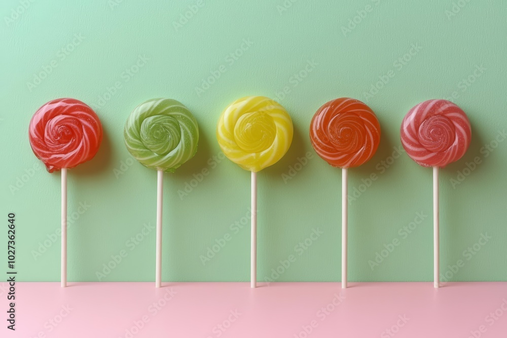 Poster hyper realistic photo of colorful lollipops and different colored round candy. , copy space, copy sp