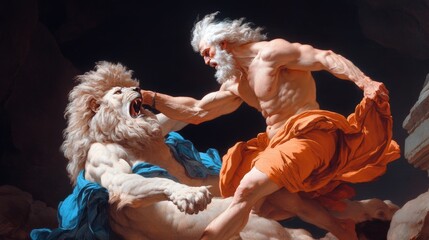 A mythological figure battles a lion in an ancient arena during a dramatic moment