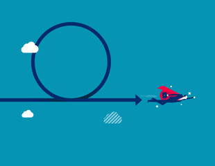 Agile methodology in project management. Software development concept. Sprint or dev cycle to release and improve product, scrum process or workflow. Businessman superhero fly with agile cycle.