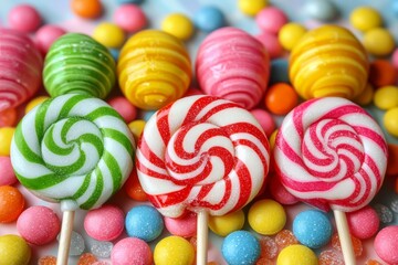 hyper realistic photo of  Colorful lollipops and different colored round candy.  , copy space, copy space for text,