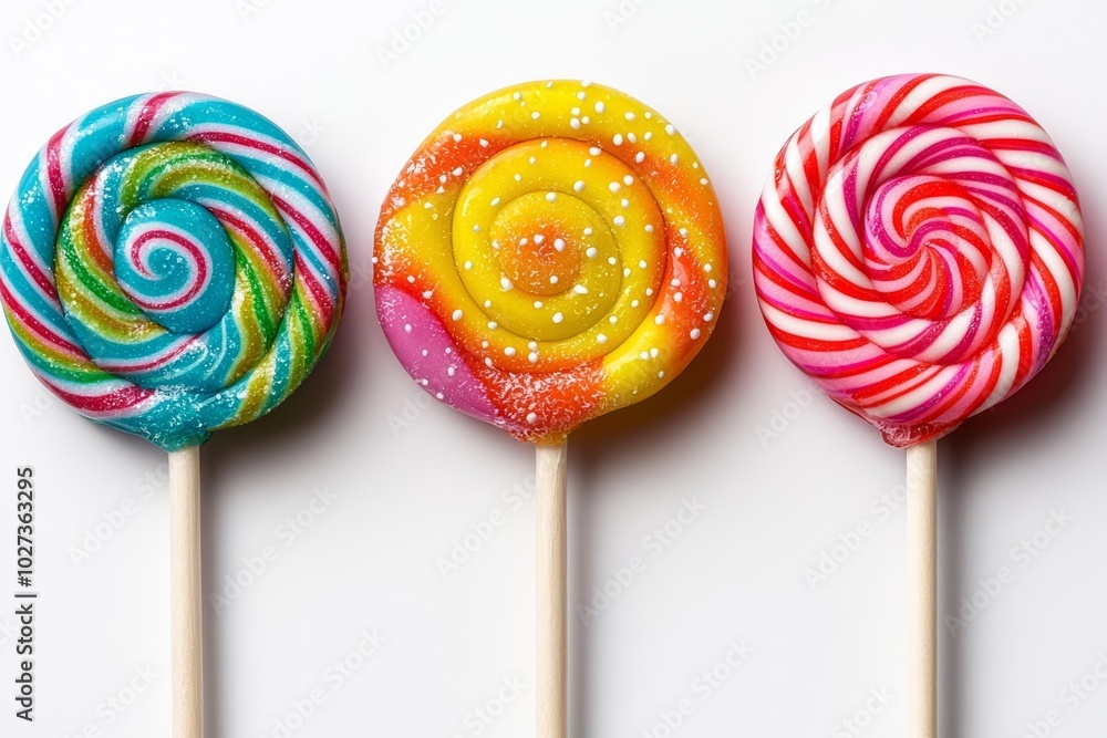 Poster hyper realistic photo of colorful swirl lollipop , copy space, copy space for text,