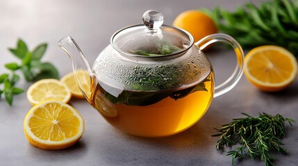 Green tea infused in a handmade glass teapot, herbs and citrus slices nearby, elegant and refreshing scene, Artisanal green tea, Herbal wellness