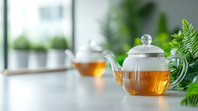 Modern, artisanal tea room with minimalistic decor, glass teapots, and lush green plants, peaceful ambiance, Artisanal green tea, Contemporary tea culture