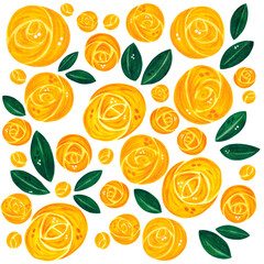 Watercolor set of yellow roses and leaves on a white background. The illustration is drawn by hand. Drawing for postcards, posters. Flowers, roses, stylization, set, yellow, green, bright