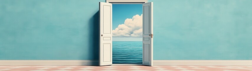 Tranquil Gateway to New Opportunities - Watercolor Illustration of Open Doorway Leading to Peaceful Ocean Landscape with Soft Clouds and Gentle Breeze