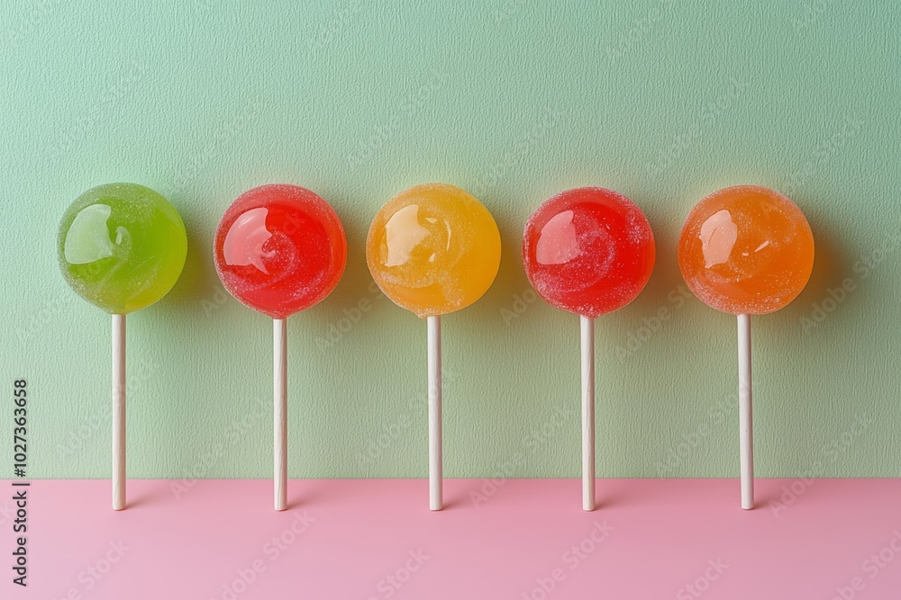 Poster hyper realistic photo of colorful lollipops and different colored round candy. , copy space, copy sp