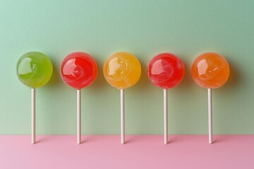 hyper realistic photo of  Colorful lollipops and different colored round candy.  , copy space, copy space for text,
