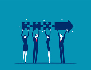 Team collaboration for success, teamwork or cooperation, employee participation or organization, partnership work together, career growth concept, business people employee connect arrow jigsaw puzzle.