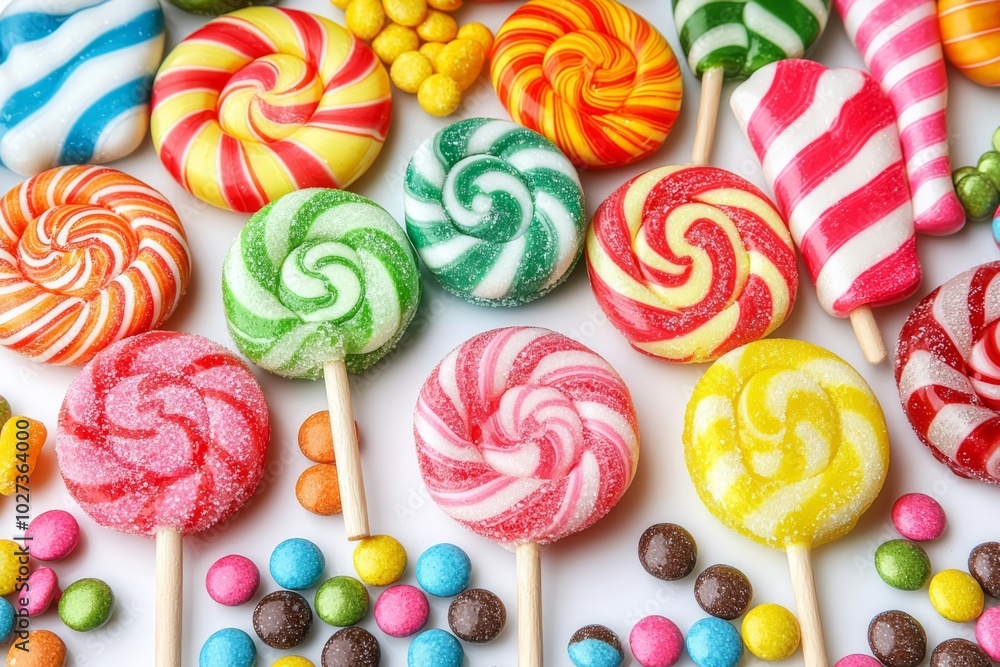 Poster hyper realistic photo of colorful lollipops and different colored round candy. , copy space, copy sp