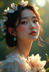 Close up photo of girl and flower