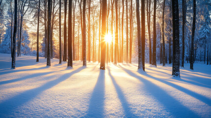 Winter Sunrise Through Snowy Forest Trees