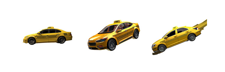 Three yellow taxi cabs shown with different angles and cropped against a white background.