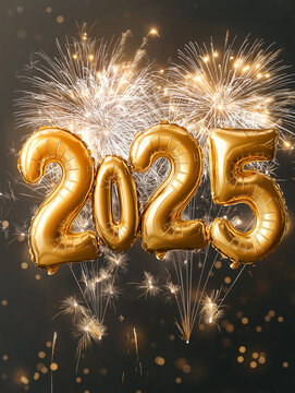 Eleganter Silvester-Hintergrund 2025: Goldene Zahlen, Ballons und Feuerwerk. Festliche Neujahrsstimmung f&uuml;r Gru&szlig;karten und Einladungen. Zeitloses Design