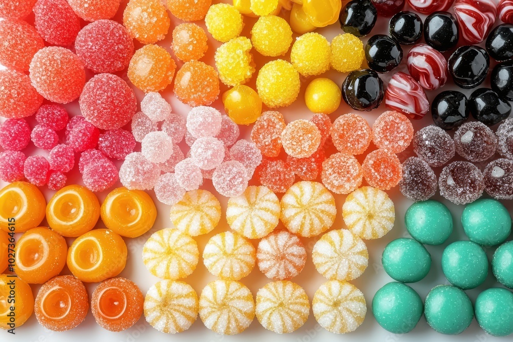Poster hyper realistic photo of candies with jelly and sugar. colorful array of different childs sweets and
