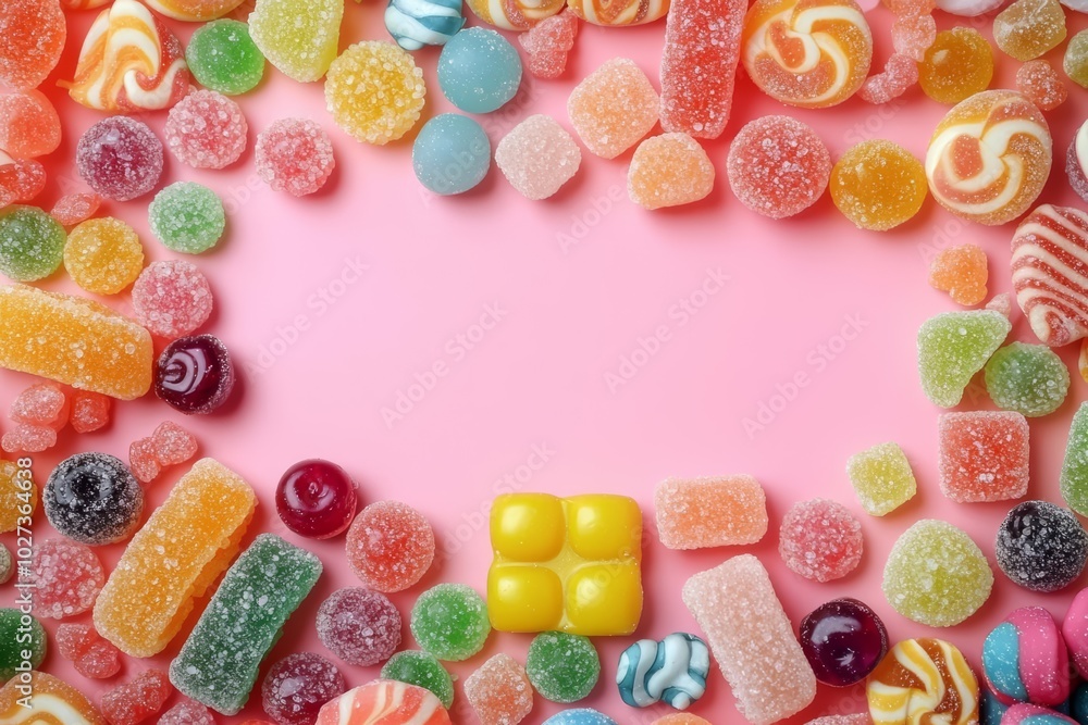 Poster hyper realistic photo of candies with jelly and sugar. colorful array of different childs sweets and