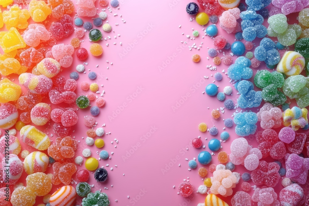 Poster hyper realistic photo of candies with jelly and sugar. colorful array of different childs sweets and