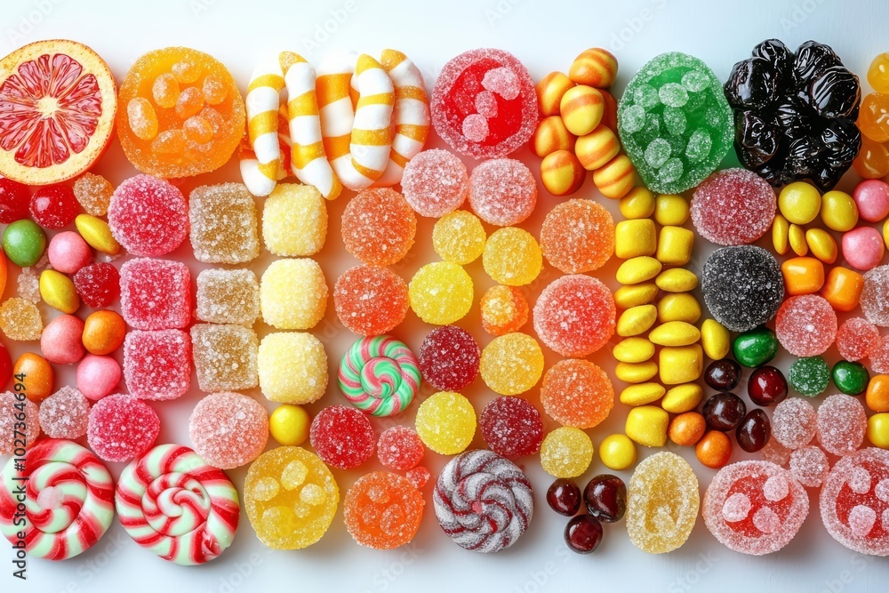 Poster hyper realistic photo of candies with jelly and sugar. colorful array of different childs sweets and