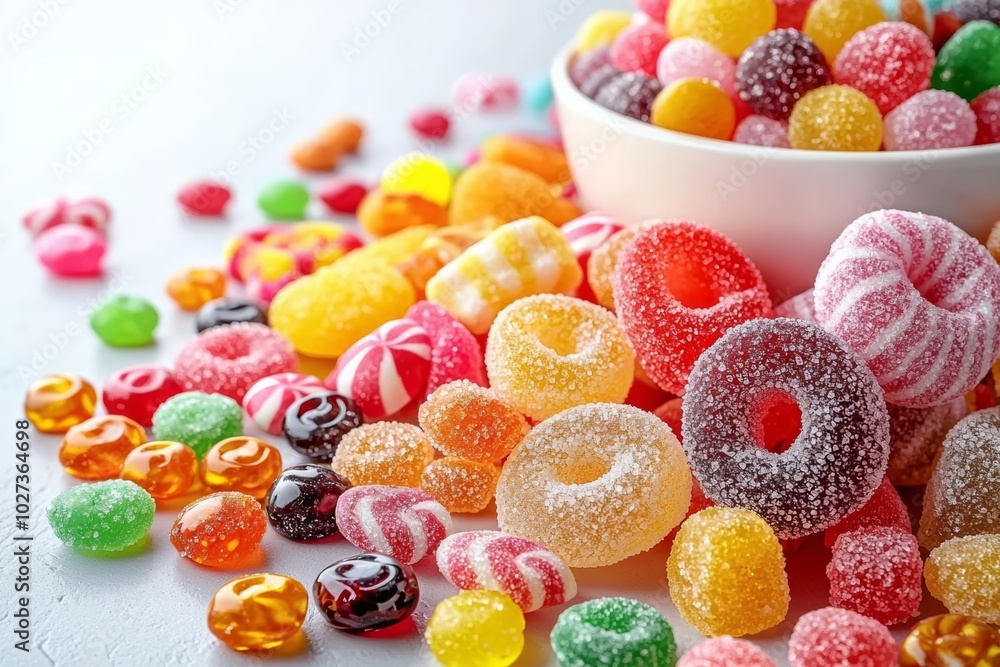 Poster hyper realistic photo of candies with jelly and sugar. colorful array of different childs sweets and