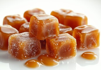 hyper realistic photo of  Caramel candies with caramel sauce isolated on a white background close up.   , copy space, copy space for text,