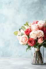 Obraz premium A beautiful bouquet of roses in soft pink and red hues, elegantly arranged in a clear glass vase against a light blue background.