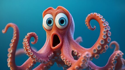 Obraz premium A cartoon octopus with big eyes and a shocked expression, against a blue background.