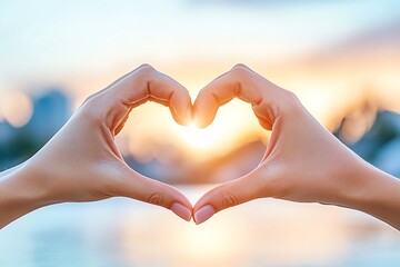 A beautiful sunset glow shines through hands forming a heart shape, symbolizing love and connection with nature.