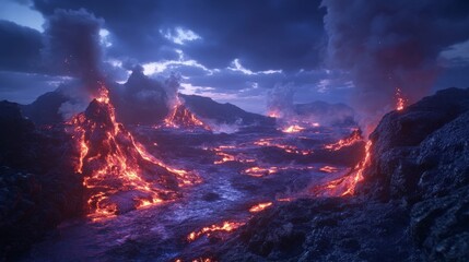 Fototapeta premium Dramatic Volcanic Eruption Landscape in Fiery Reds and Oranges