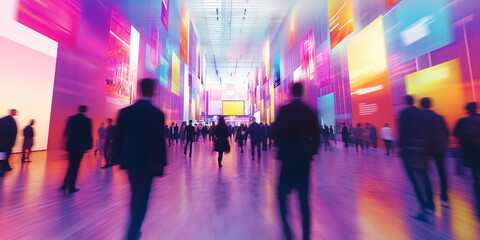 A blurred photograph of business people walking around an exhibition hall, with colorful banners and posters in the background.