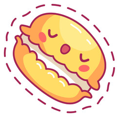 A charming dessert character resembling a macaron has a joyful expression and is spinning around. The bright yellow hues add to its playful charm.