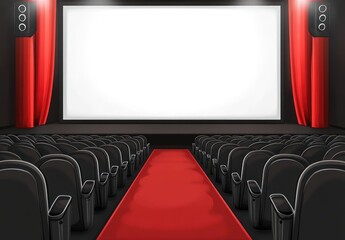 Fototapeta premium Empty movie theater with red carpet and large screen