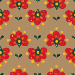Seamless pattern of flowers in folk style on a colored background. Hand drawn watercolor illustration. Drawing for textiles, paper. Flowers, folk, boho, scrapbooking
